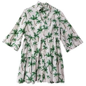 100% Cotton White Tiered Mini Dress w/ Green Palm Tree Print Size Small